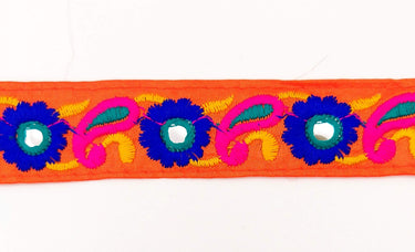 Orange Floral Mirrored Trim With Royal Blue Flowers And Fuchsia Pink Paisley Embroidery, Decorative Trimming, Trim By 3 Yards